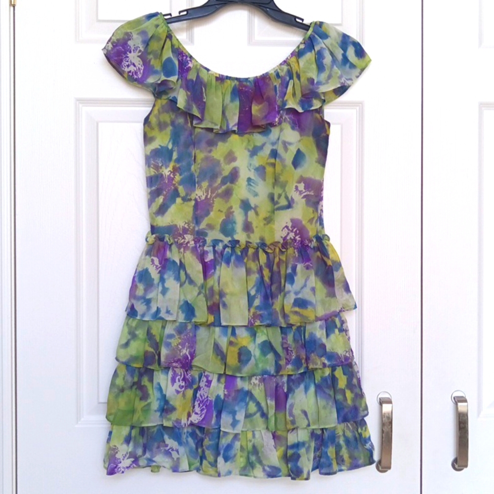 Ptp16.5" Guess Blue and Green Ruffled Tiered Sleeveless Sundress